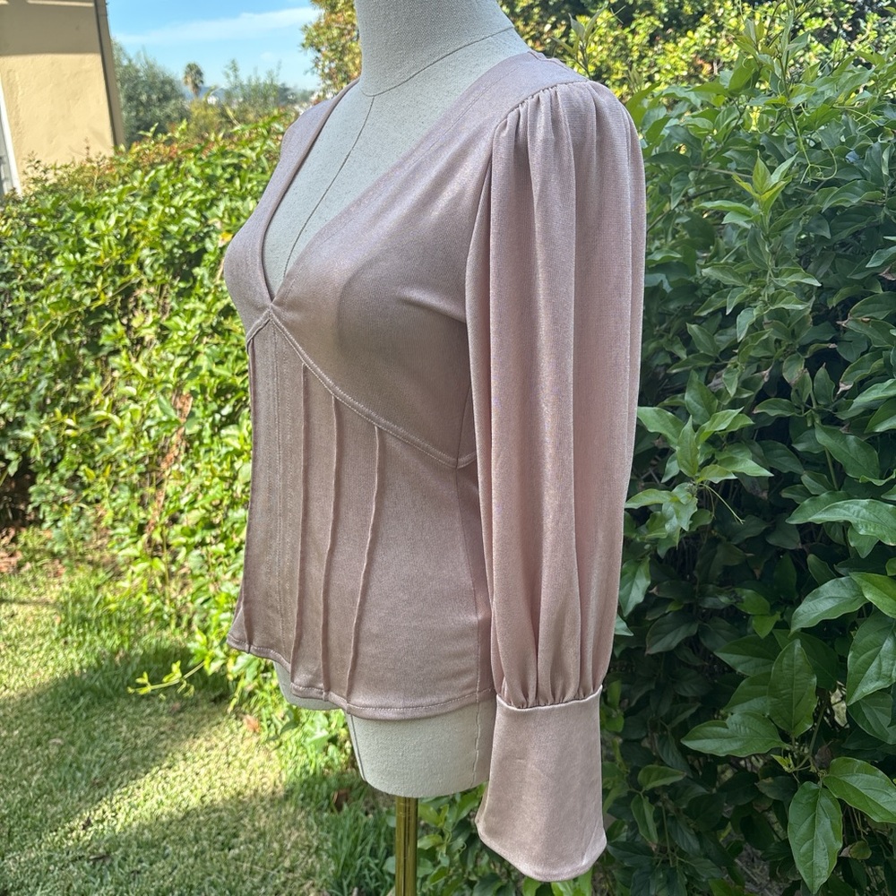 Free People Pink Metallic V-Neck Puff Sleeve Blouse - size Small